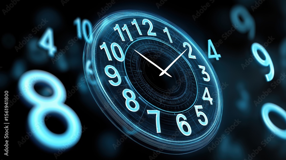 Poster futuristic clock design with glowing numbers and circular face.