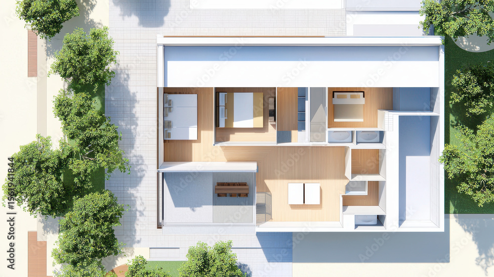 Poster modern architectural design showcases minimalist layout with open spaces and natural light. floor pl