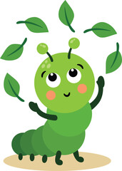 Adorable Green Caterpillar Playing with Leaves