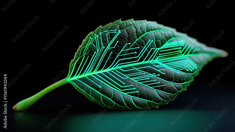Poster biotechnology concept, futuristic leaf design with glowing circuit patterns on a dark background.