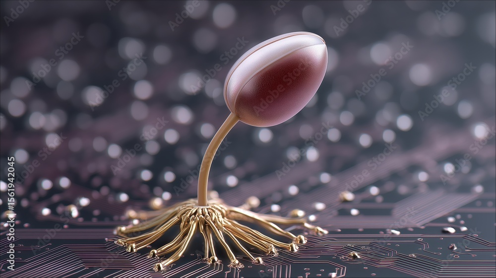 Poster biotechnology concept, seedling emerging from a circuit board with a bokeh background.