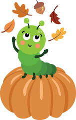 Cute Green Caterpillar on a Pumpkin with Autumn Leaves