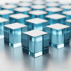 Fototapeta premium Abstract arrangement of translucent blue cubes with white tops.