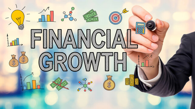 A business-themed illustration with the text FINANCIAL GROWTH in large gray outlined letters centered in the image.