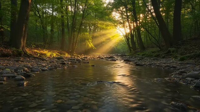 Sunlight streams through forest on a tranquil creek