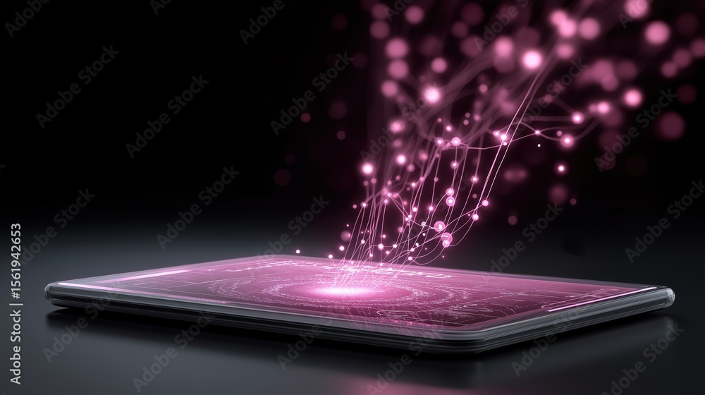 Poster ai and technology innovation concept, futuristic tablet with glowing data flow and digital connectio