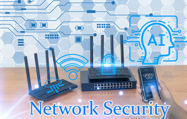 A dynamic conceptual image illustrating network security, artificial intelligence, and cloud...