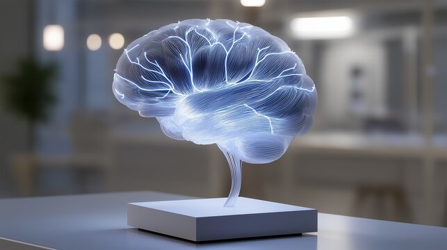AI and medical technology innovation concept, 3D illuminated brain model on display in a modern setting.