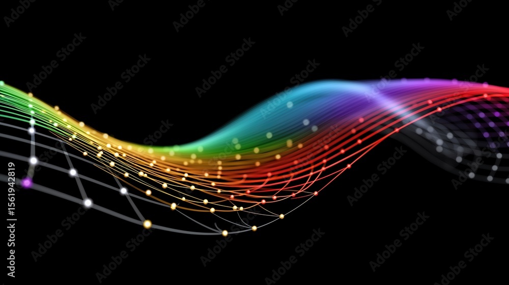 Poster abstract colorful wave with dots on a black background.