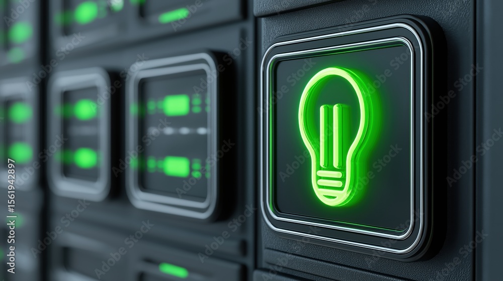Poster ai and technology innovation concept, glowing lightbulb icon on a digital server interface.