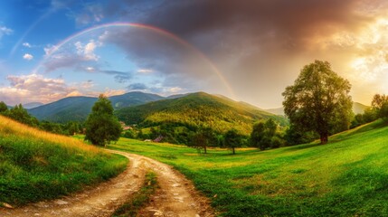 Obraz premium Beautiful lush green grassy summer mountain meadows with rural road under dramatic evening sky and colorful rainbow panoramic landscape with sunlight and clouds in scenic countryside