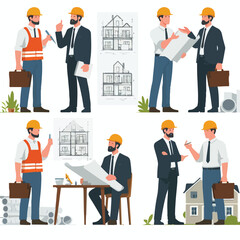 Image set Contractor discussing with architect while pointing to building image with simple and minimalist flat design using white background