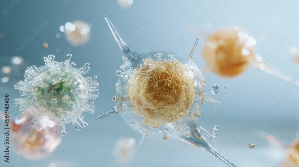 Poster a group of viruses are shown in a 3d image. the viruses are in different colors and sizes
