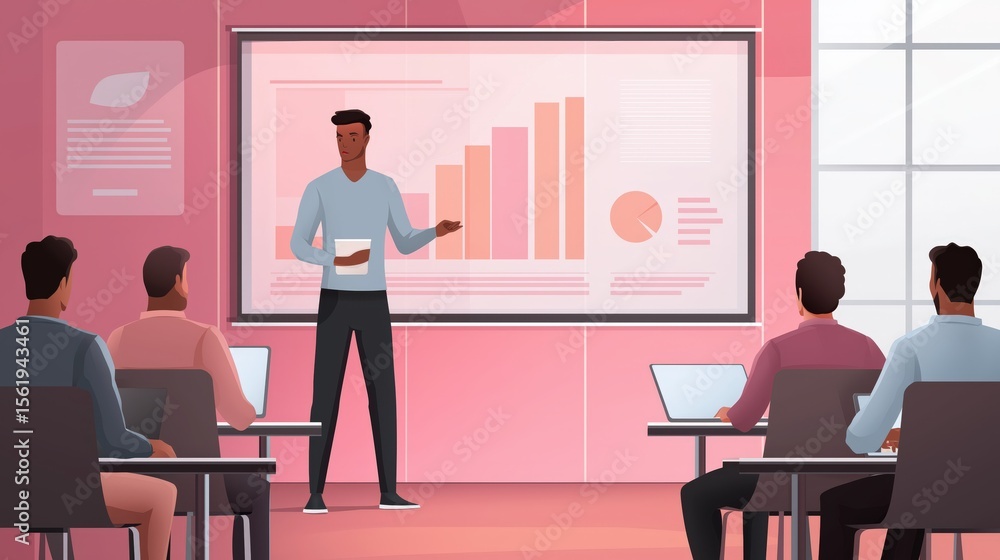 Poster a man is standing in front of a group of people in a classroom. he is giving a presentation