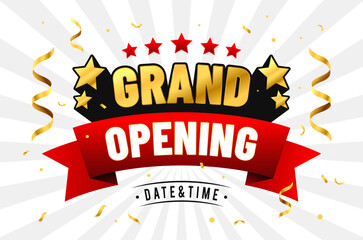 Grand Opening Banner with Golden Stars, Red Ribbon, Gold Ribbon and Confetti. Vector Illustration