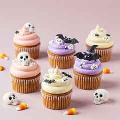 Adorable Halloween-themed cupcakes decorated with pastel frosting, skulls, bats, and witch hats, perfect for festive party treats.