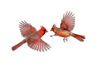 Two Northern Cardinals in Flight Against a White Background. Generative Ai