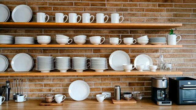 Showcasing neatly arranged white dinnerware and kitchen gadgets, creating a warm and inviting atmosphere in a well-decorated space