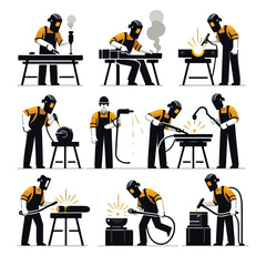 Image set of workers welding iron with a simple and minimalist flat design using a white background