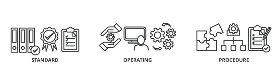 SOP banner vector illustration concept for the standard operating procedure with an icon of instruction, quality, manual, process, operation, sequence, workflow, iteration, and puzzle