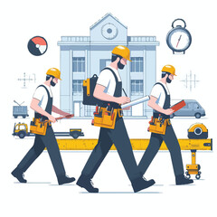 Image set of Contractors walking while carrying building measuring tools with a simple and minimalist flat design using a white background