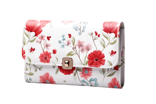 Elegant white clutch purse with red floral pattern and gold clasp isolated on transparent background