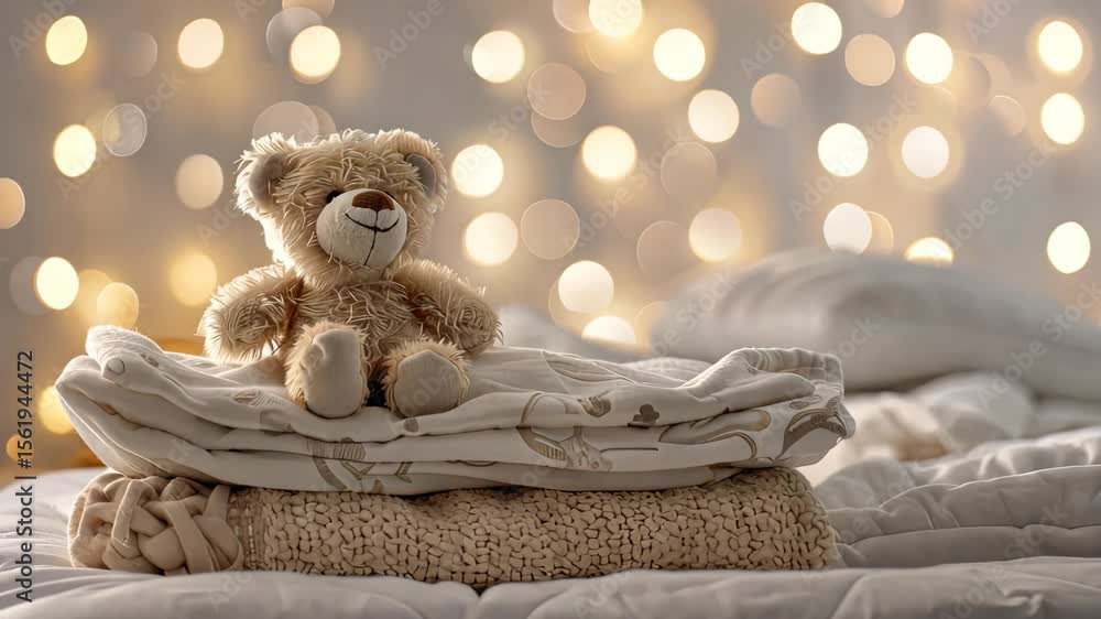 Poster a delightful plush toy rests on soft blankets while warm lights create a calming ambiance in the bac