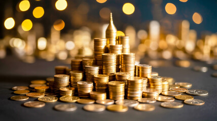 A close-up macro photograph of a miniature golden coin city against a dark background with bokeh lighting effects.