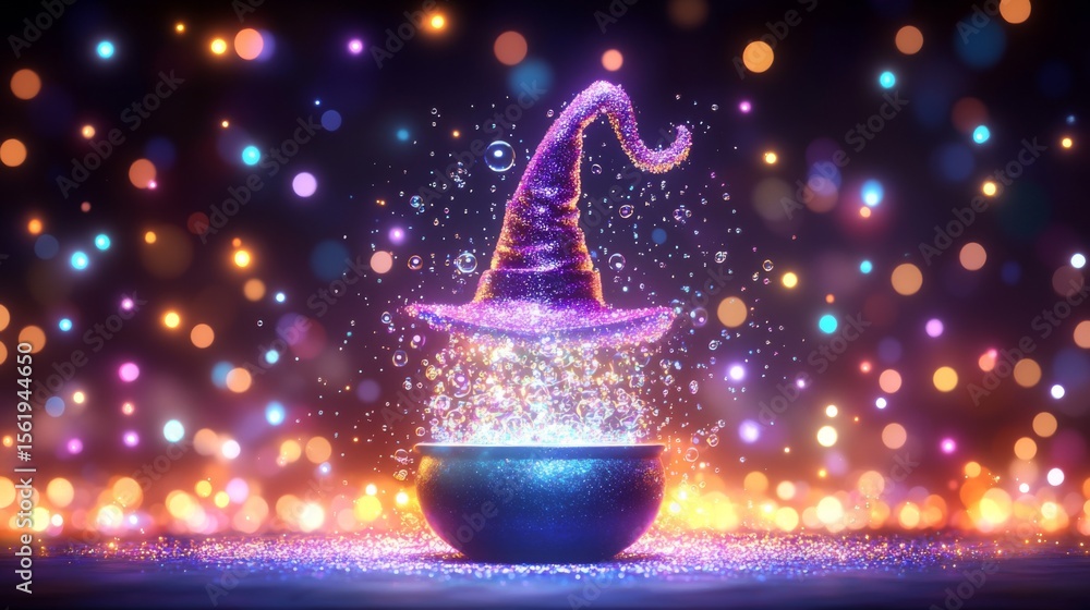 Poster sparkling witch hat floating over a magical cauldron with bubbling potion. spooky halloween magic sc