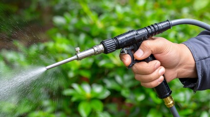 Handheld Pressure Spray Gun in Use for Outdoor Cleaning Among Lush Green Foliage