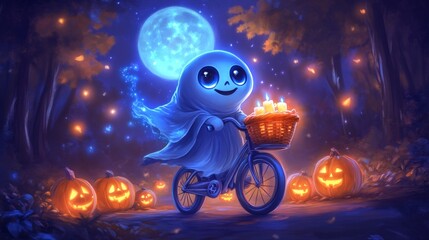 Cute ghost character on a bicycle carrying a basket of candles in a Halloween night scene with pumpkins. Digital art for holiday celebration. Samhain