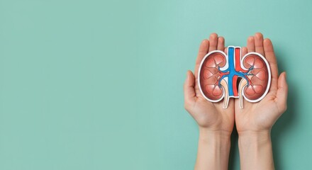 Kidney Care Hands gently hold symbolic organ on teal backdrop.