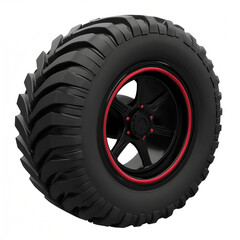 Obraz premium Aggressive Black Off-Road Tire with Red Rim: Powerful, Rugged, 3D Render.