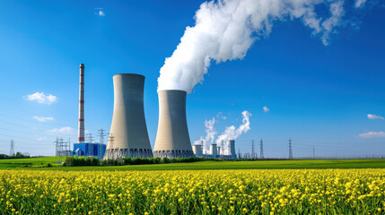 Cooling towers release steam against clear blue sky, surrounded by vibrant yellow flower field, showcasing energy generation and nature beauty