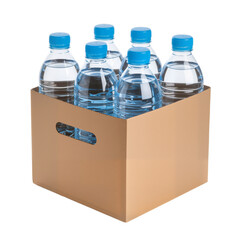 Cardboard Box with Six Water Bottles and Blue Caps Against White Background, Symbolizing...