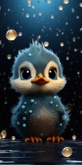 Obraz premium A cute blue cartoon bird with big eyes, surrounded by sparkling bubbles in a whimsical underwater setting.