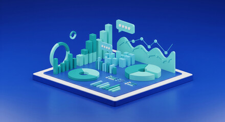 Fototapeta premium Isometric 3D illustration of teal and blue charts and graphs on a digital platform, showcasing data analysis and business intelligence, perfect for presentations or reports