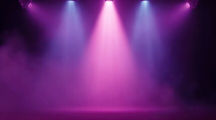 Colorful Stage Lighting with Purple and Blue Spotlights Emitting Smoke in a Dramatic Atmosphere