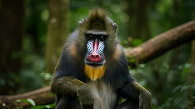 Colorful Mandrill Monkey in Natural Jungle Habitat Displaying Bright Face