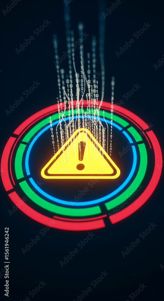 Poster neon warning sign with binary code, digital interface concept symbolizing system alert, error, or se