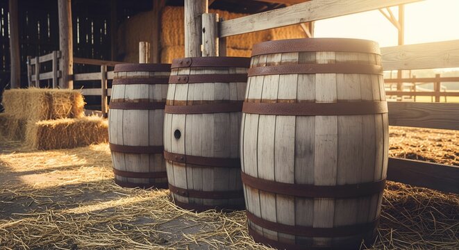 a wooden classic barrel in barn put on the hay	