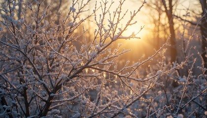 Fototapeta premium Golden light reflecting off frozen branches during a quiet winter morning