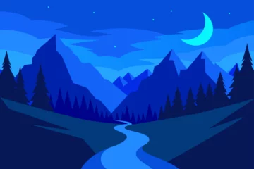 Selbstklebende Fototapeten Snowy winter mountain landscape at night with pine trees under a moonlit sky, perfect for a Christmas nature scene © Nayon