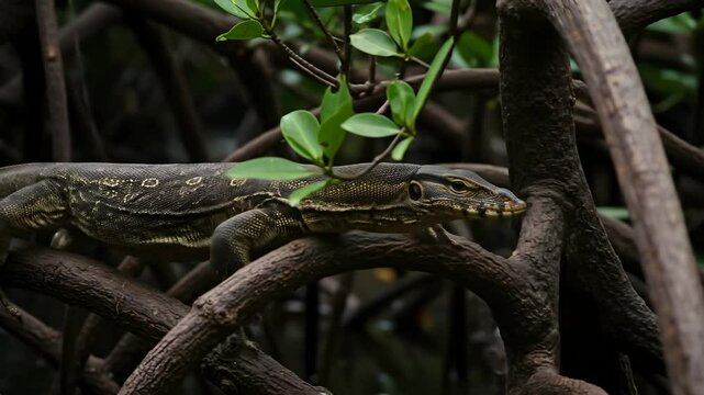 Large Monitor Lizard Resting on Mangrove Tree Branches in Tropical Habitat