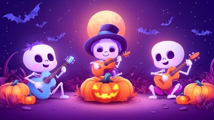 Fototapeta premium Three cute cartoon skeleton children playing guitar on a Halloween night with pumpkins, bats, and a full moon for spooky holiday fun. Samhain