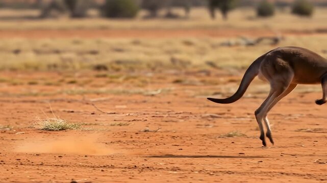 Red Kangaroo Hopping Fast Across Red Dusty Australian Outback Terrain