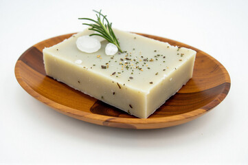 A piece of white soap on a wooden plate.