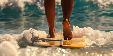 Person's Legs and Feet on Yellow Surfboard in Ocean Water