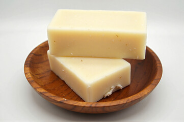 A wooden plate with two pieces of cheese on it.