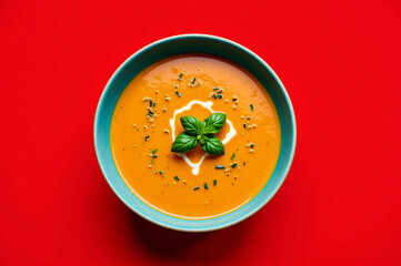 A bowl of tomato soup on a red surface.